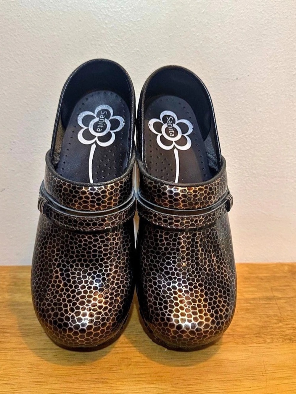 Sanita Metallic Bronze Honeycomb Patent Leather Clogs EU 37 / US 6.5 - 7